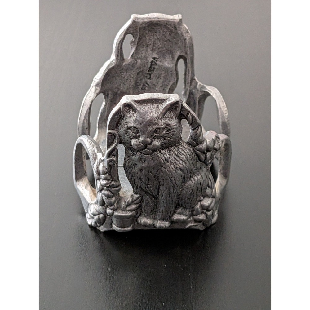 Vintage Candle Holder Carson 1997‎ Pewter Cat Motif for Glass Jar Candles 2.5"